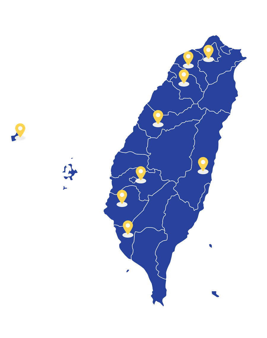 上洋 9 大服務據點地圖：台北、桃園、新竹、台中、嘉義、台南、高雄、花蓮、金門